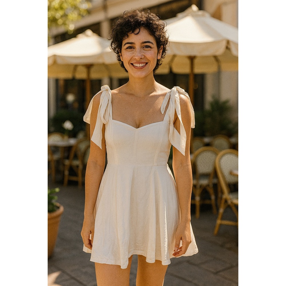 Mable White Tie‎ Shoulder Sweetheart Neckline Mini Dress Linen